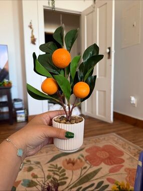 Faux Citrus Topiary Plant in White Ribbed Pot - Orange Green
